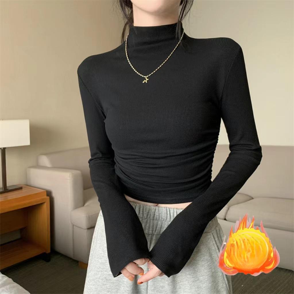 Autumn and Winter Semi High Neck Pleated Thick Warm Long Sleeved T-shirt Women's Slim Fit Versatile Long Sleeved Base Shirt