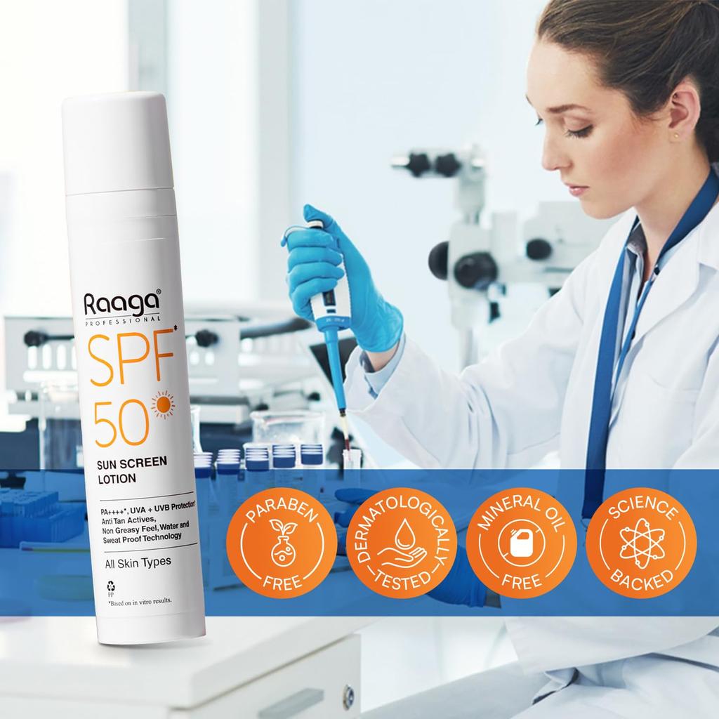 Raaga Professional SPF 50 Sunscreen Lotion PA++++ UVA UVB Protection Non-Greasy Water Proof 55 Ml