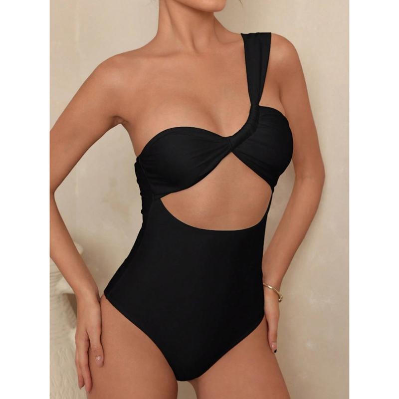 One Shoulder Women's One Piece Swimsuit Sexy Hollow Out Pleate Tummy Control Swimwear Beach Bathing Suit