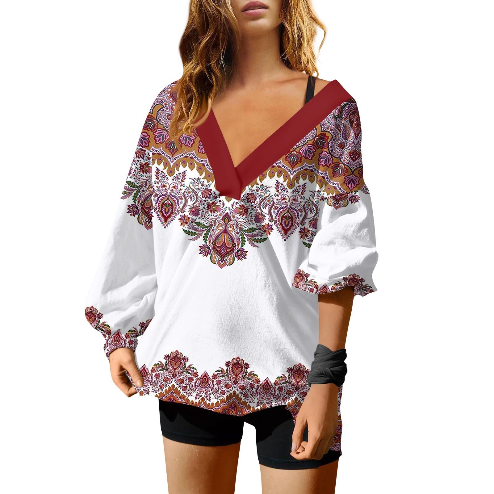 

Женская мода V-образный вырез длинный рукав принтованный свободный пуловер свитшот топ XXL винный