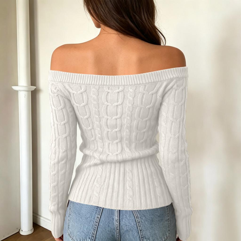 Women's Casual Off-Shoulder Cable Knit Long Sleeve Sweater