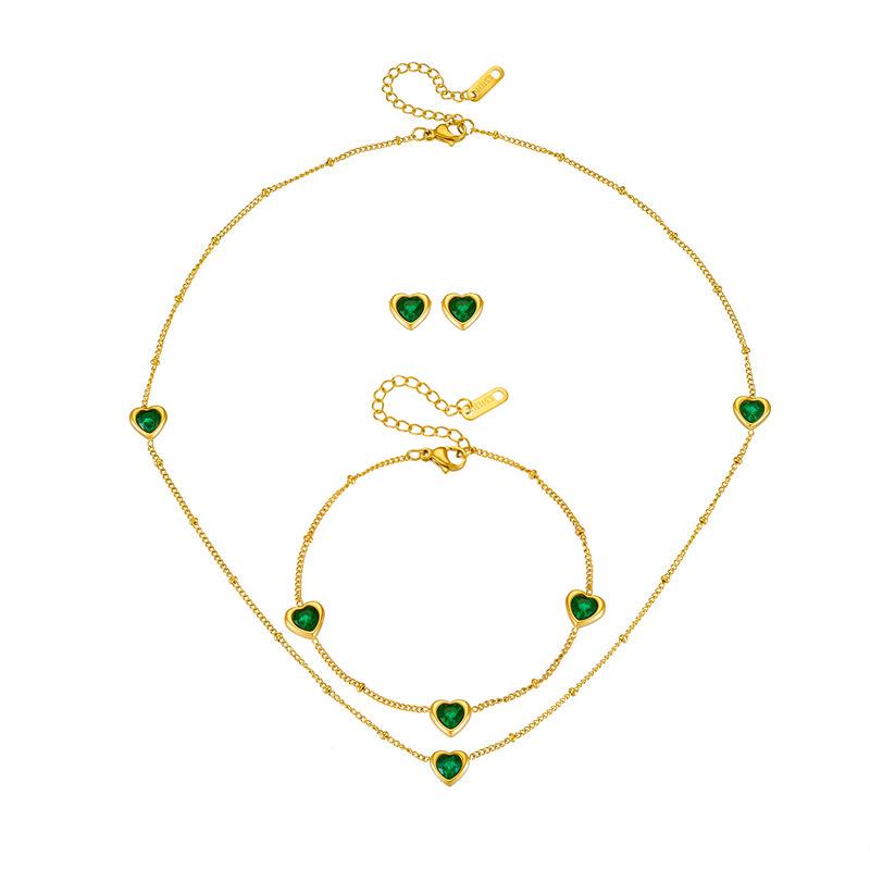 Emerald Love Heart Necklace & Bracelet Set - European American Fashion
