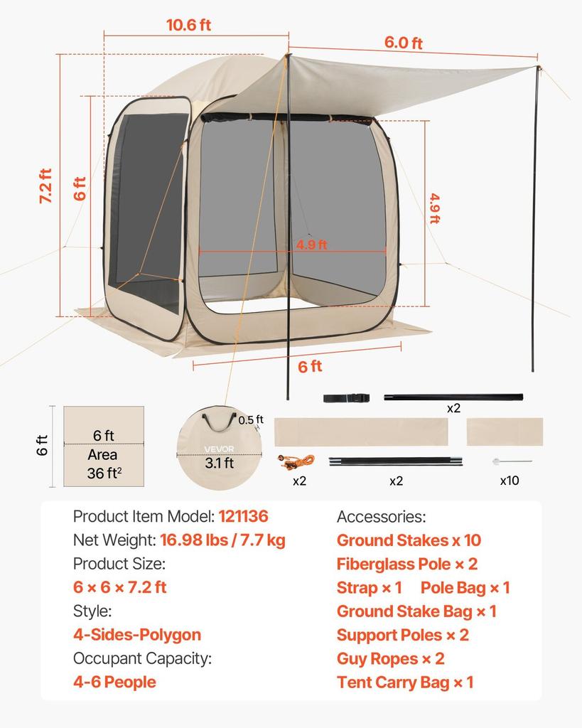 Screen House Tent, 1825 x 1825 x 2200 mm, 4-6 Person Pop Up Screen Tent with Extended Awning, Portable Screened in Canopy with Carry Bag, Netting