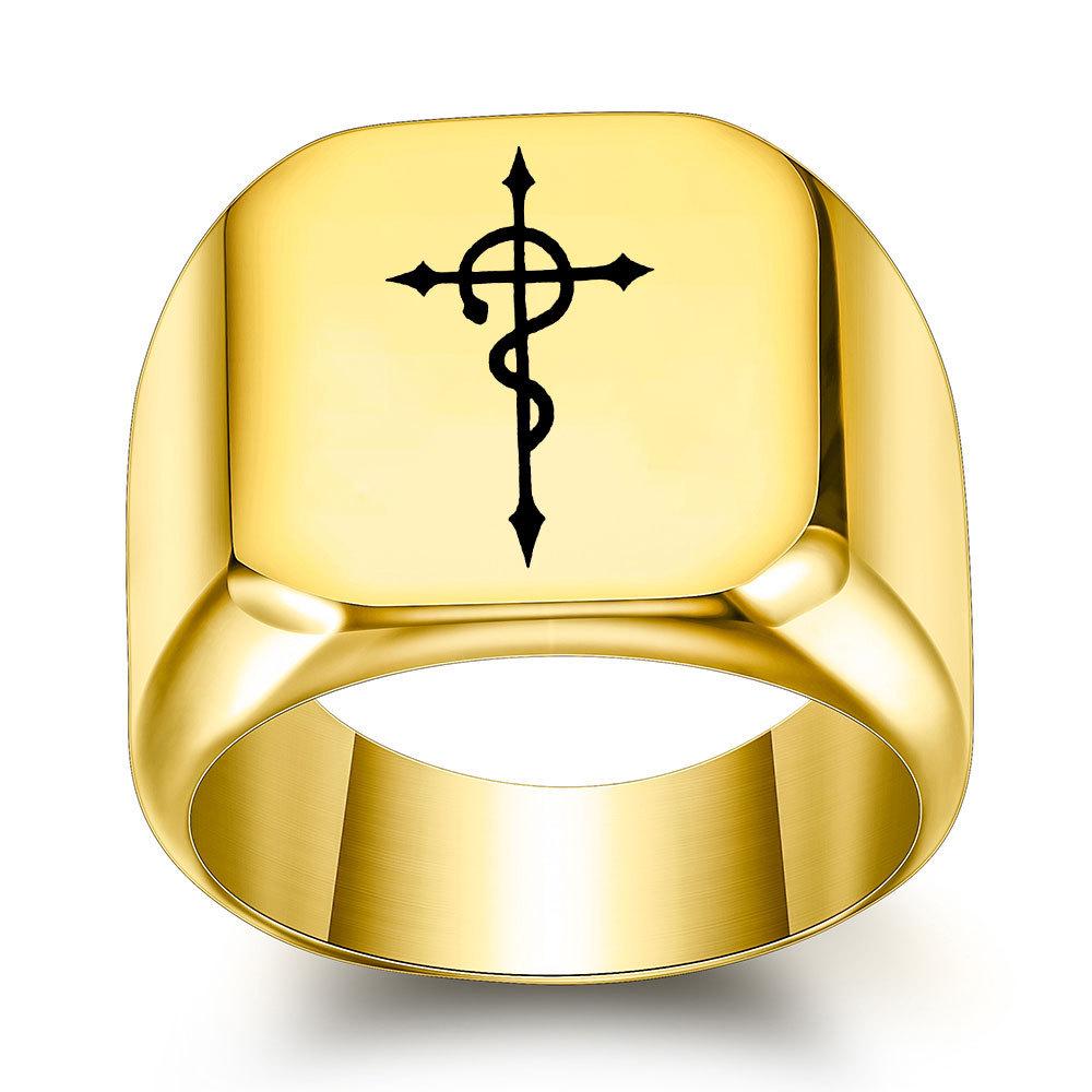 18MM Laser Engraved Cross Stainless Steel Square Ring - Retro Simple Design Size 6