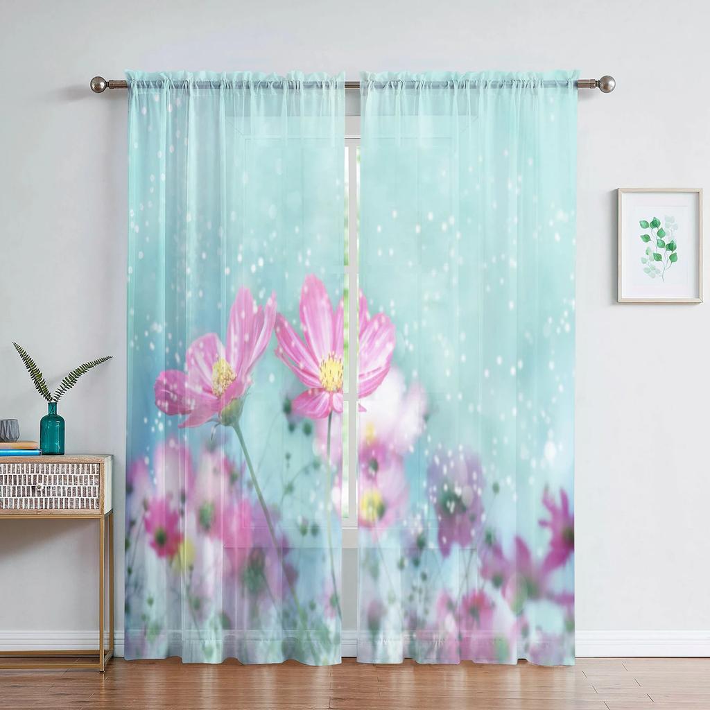 Romantic Rose Floral Yellow Flowers Voile Curtain Living Room Home Kitchen Green Leaves Butterfly Window Tulle With Sheer Polyester Perfect For