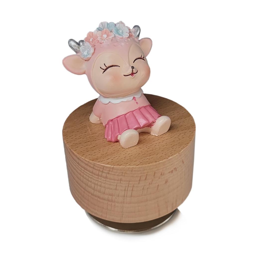 falado Mini Wooden Animal Rotary Music Box with Cute Deer Ornament (Tune “You Are My Sunshine”), Beige