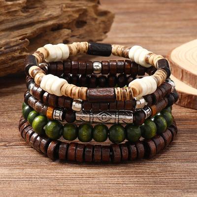 Herren Mehrschichtiges Vintage Handgefertigtes Perlenarmband mit Elastikkordel, Holz- und Kokosnussschalenperlen