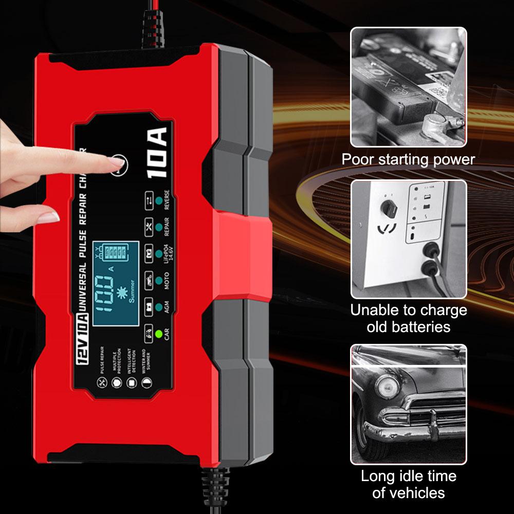 Car Battery Charger Multiple Protection 14.6V 10A Iron Lithium Charger Pulse Repair 12V 10A Smart Battery Charging EU/US Plug Digital LCD Display