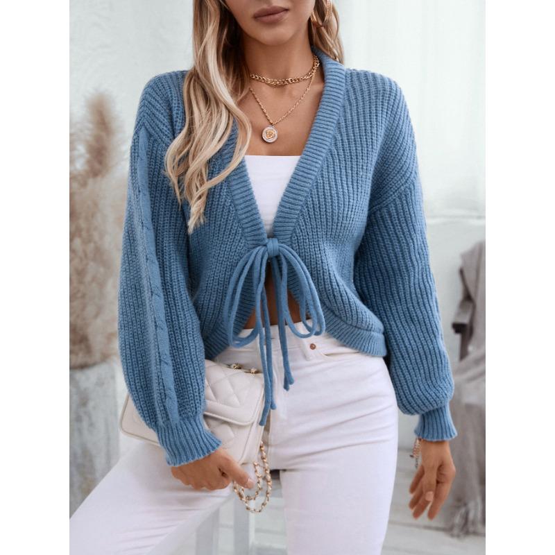 Women S V Neck Loose Solid Short Knit Cardigan With Tie