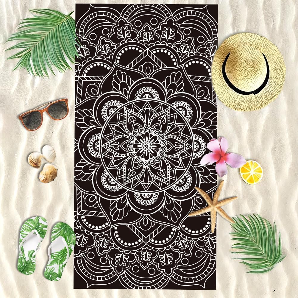 Boho Mandala Beach Towel Microfiber Oversized Lightweight Beach Towel Sandproof Quick Dry Black Flower Towels Swim Pool Beach