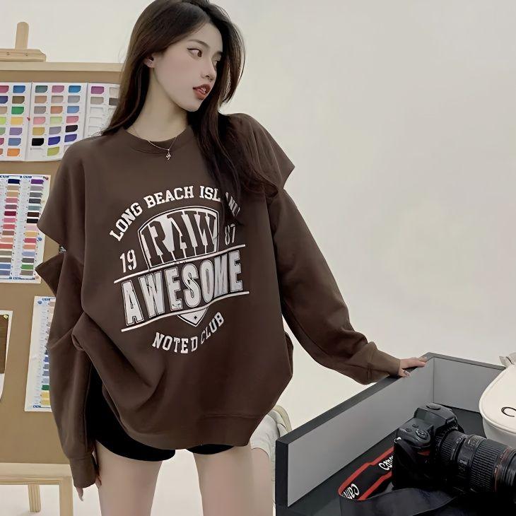 Plus Size O-Neck Letter Printed Hollow Out Sweatshirts Female Clothing Spring Loose Korean Tops Casual Sweatshirts