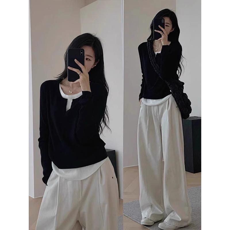 Soft waxy collar fake two-piece contrasting sweater women's knitted bottoming shirt spring age-reducing long-sleeved top tide