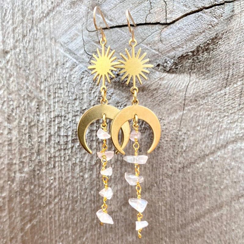 Fashionable Asymmetrical Crystal Tassel Dangle Earrings with Moonstone