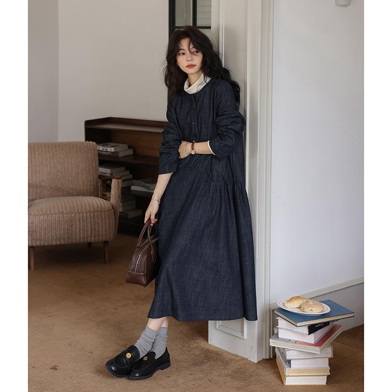 

Johnature Autumn Japanese-style Forest Round-neck Loose Denim Dress Women Casual Comfortable Large Pockets Dresses S