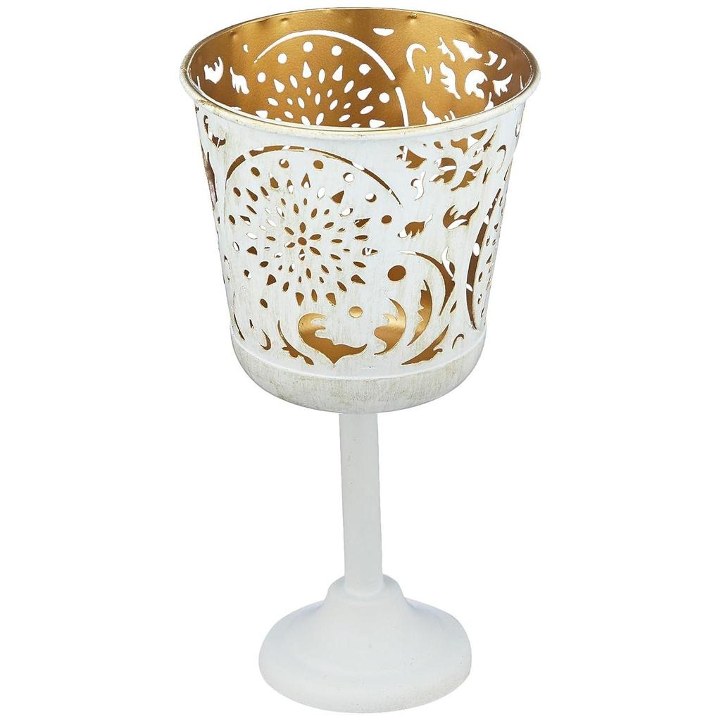 Ornamental Iron Tea Light | Stylish | for Indoors & Outdoors Décor (White with Gold Texture)