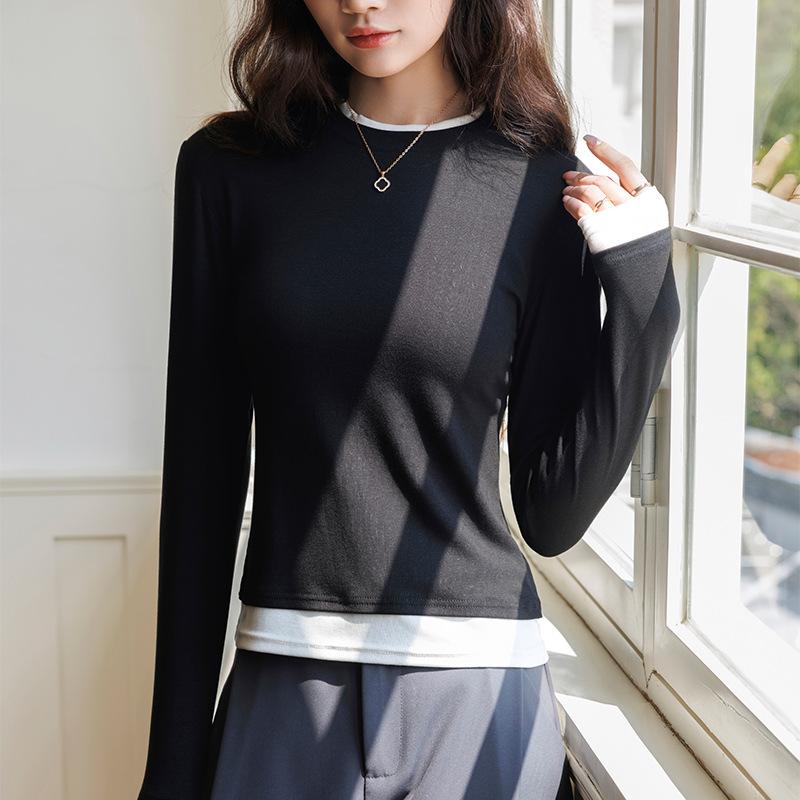 Fake two-piece crew neck bottoming shirt women's autumn and winter wool inner long-sleeved shirt top