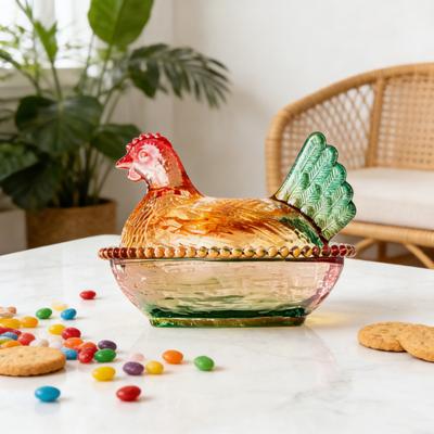 Yousheng Chicken-Shaped Glass Candy Dish Hen On Nest Dessert Dish with Lid Funny Snack Bowl for Fruits Salads Home Table Decor