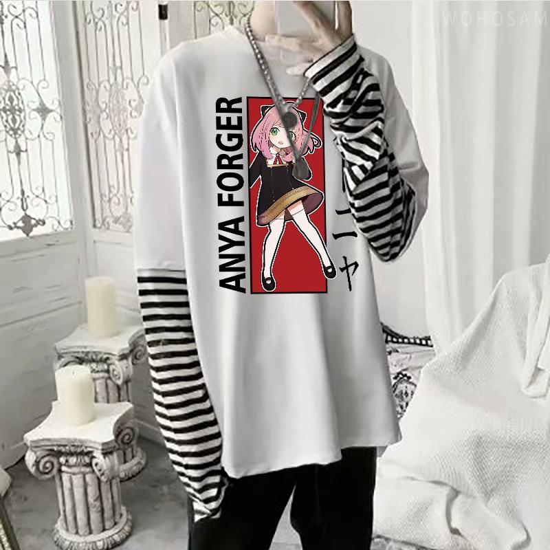 2023 Hot Japanese Anime Spy X Family T shirt Kawaii Girl Cartoon Anya Forger For Women Summer Unisex Long Sleeve Striped T-shirt
