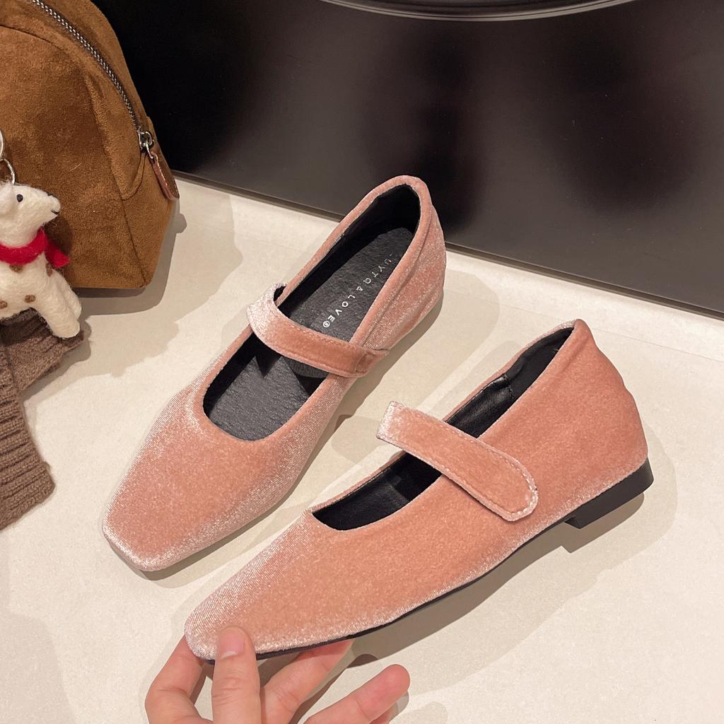Fashion Spring French Style Square Toe Shallow Mouth Ladies Shoes 2025 New Style with Low Heel Suede Flat Shoes Autumn Women's Shoes