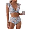 Women’s Two Piece High Waist Ruffle Bikini Set V Neck Swimsuit with Sleeves and Sporty Swimwear Design