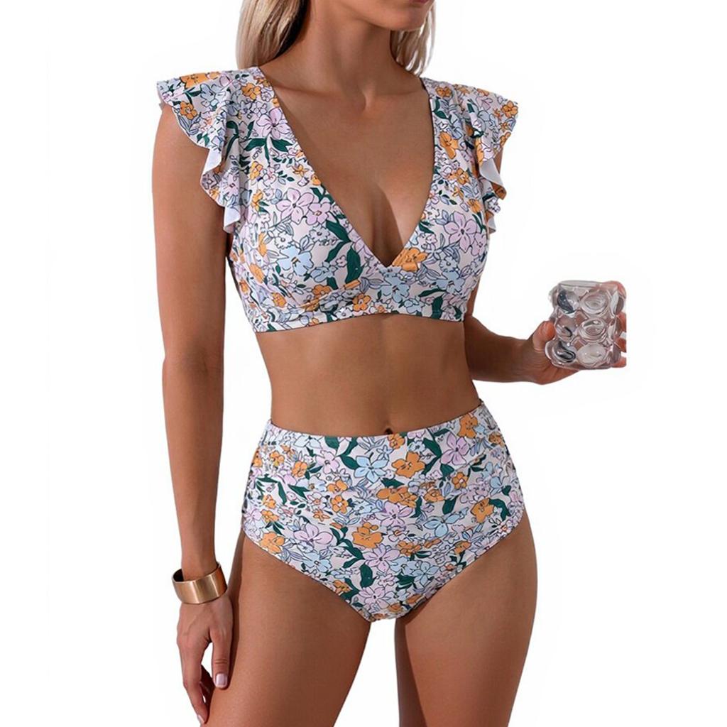 Women’s Two Piece High Waist Ruffle Bikini Set V Neck Swimsuit with Sleeves and Sporty Swimwear Design