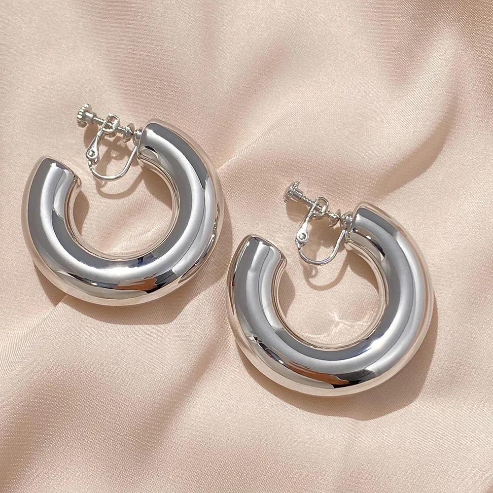Vintage Oversize Chunky Round Circle Clip Earring for Women C Shape Tube Thick Without Pierced Hoop Earclips Jewelry Trendy