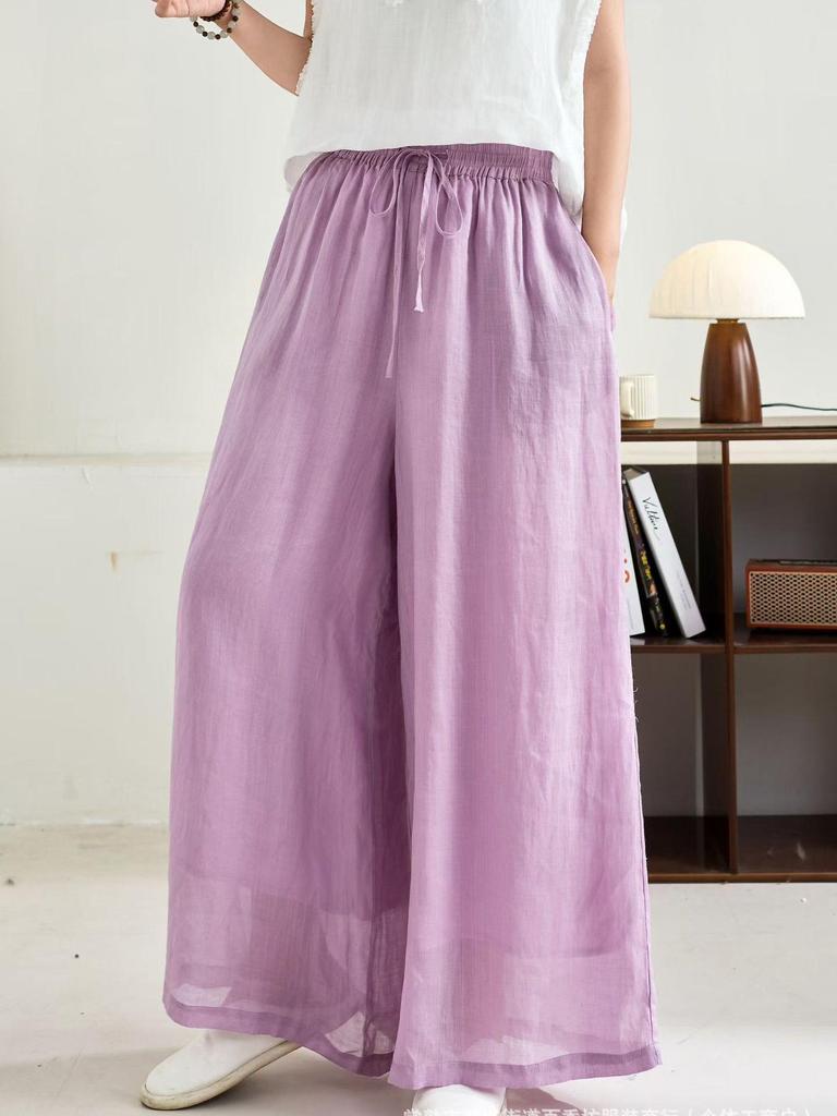 Linen Wide-Leg Pants - Spring 2026: Comfortable, Elastic Waist, Retro Artistic Style, Solid Color, Casual.