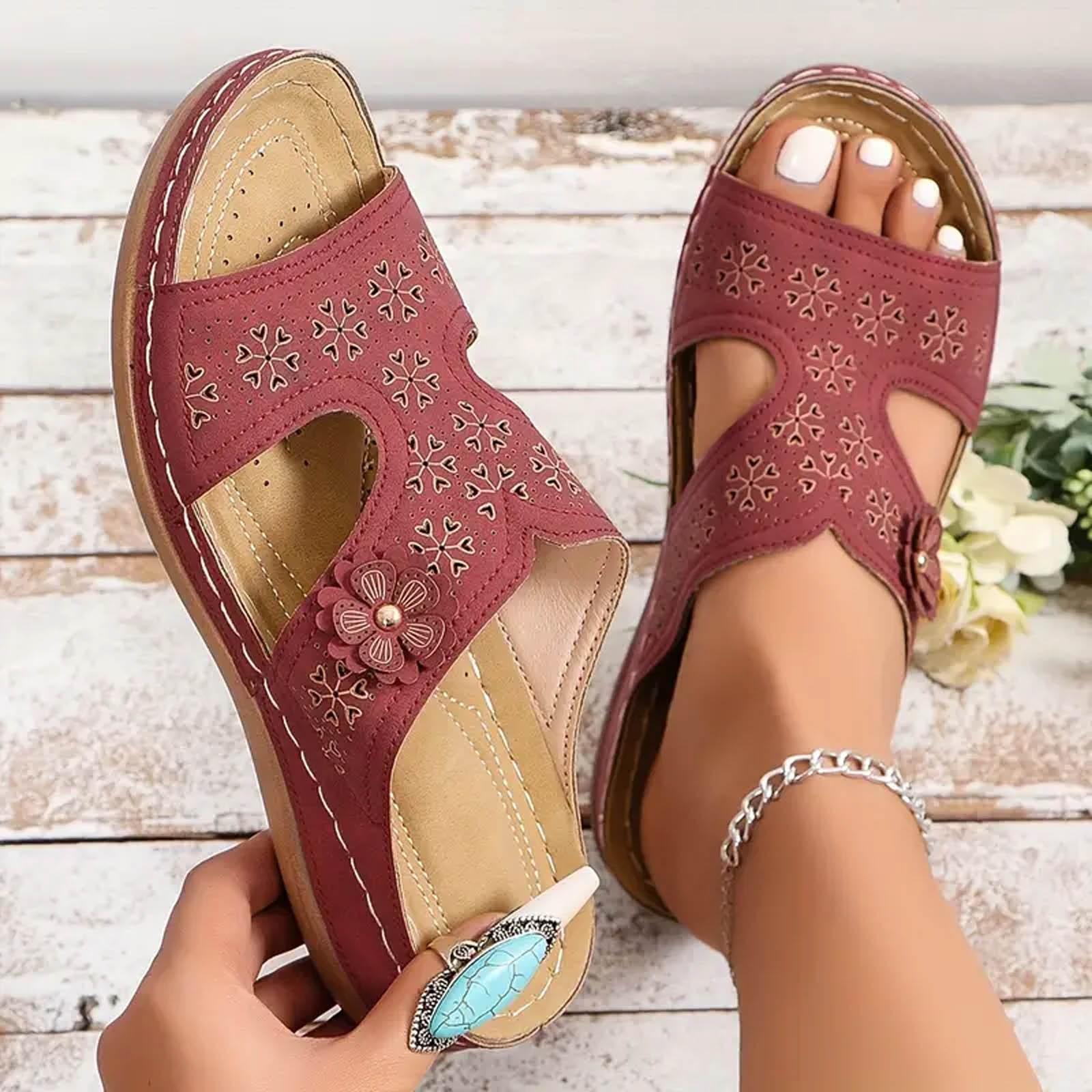 

2025 женские сандалии с цветочным принтом, однотонные, с неглубоким носком, летние сандалии, тапочки, повседневная обувь с круглым носком, модные сандалии 43 красный