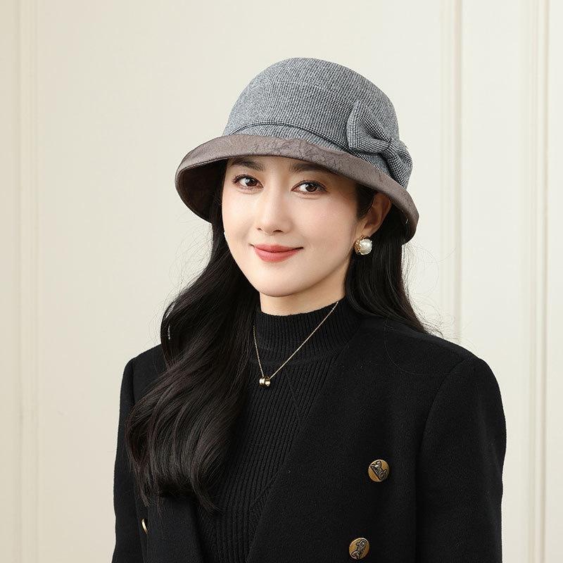 Tempérament chapeau seau à carreaux fins avec nœud pour femmes automne et hiver polyvalent petit visage élégant chapeau cloche en laine