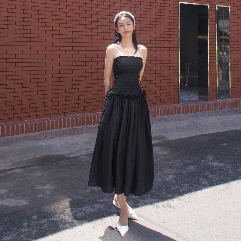 

Sexy Pleated Tube Top Summer Dress Ins off-the-Shoulder Silm Waist Pleating High Elastic Ruffles Slim Fit Long Dress Black M