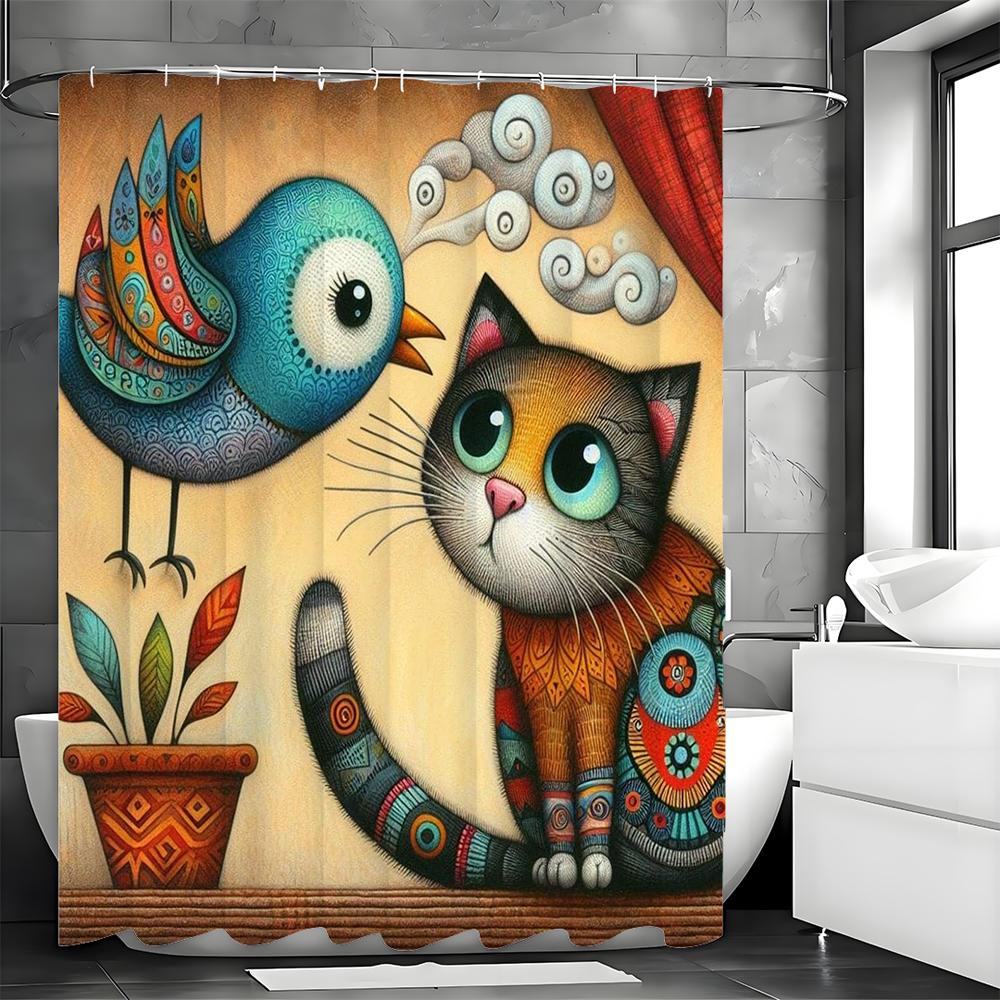 Cute Cat Bird Potted Shower Curtain, Bathroom Decorative Shower Curtain, Waterproof Shower Curtain with Hooks