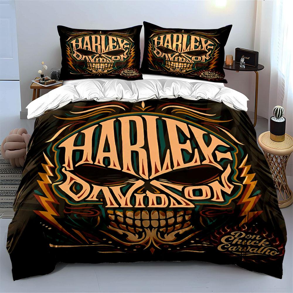 Calavera, llamas, logo de Harley-Davidson. Juegos de cama Juegos de fundas nórdicas Fundas nórdicas Fundas de almohada(1 * Funda de edredón 2 * Fundas de almohada sin relleno de edredón)