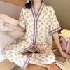 1011 new summer sweet purple flower short-sleeved pajamas set women's dormitory cardigan trousers casual loungewear