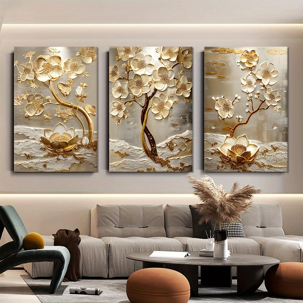 3-piece modern minimalist gold floral relief frameless canvas decoration painting living room foyer bedroom sofa background wall