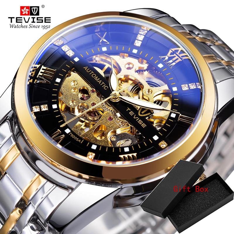 Fashion Tevise Retro Diamond Design Black Gold Mechanical Top Brand Automatic Full Steel Luxury Skeleton Waterproof Wrist Watch