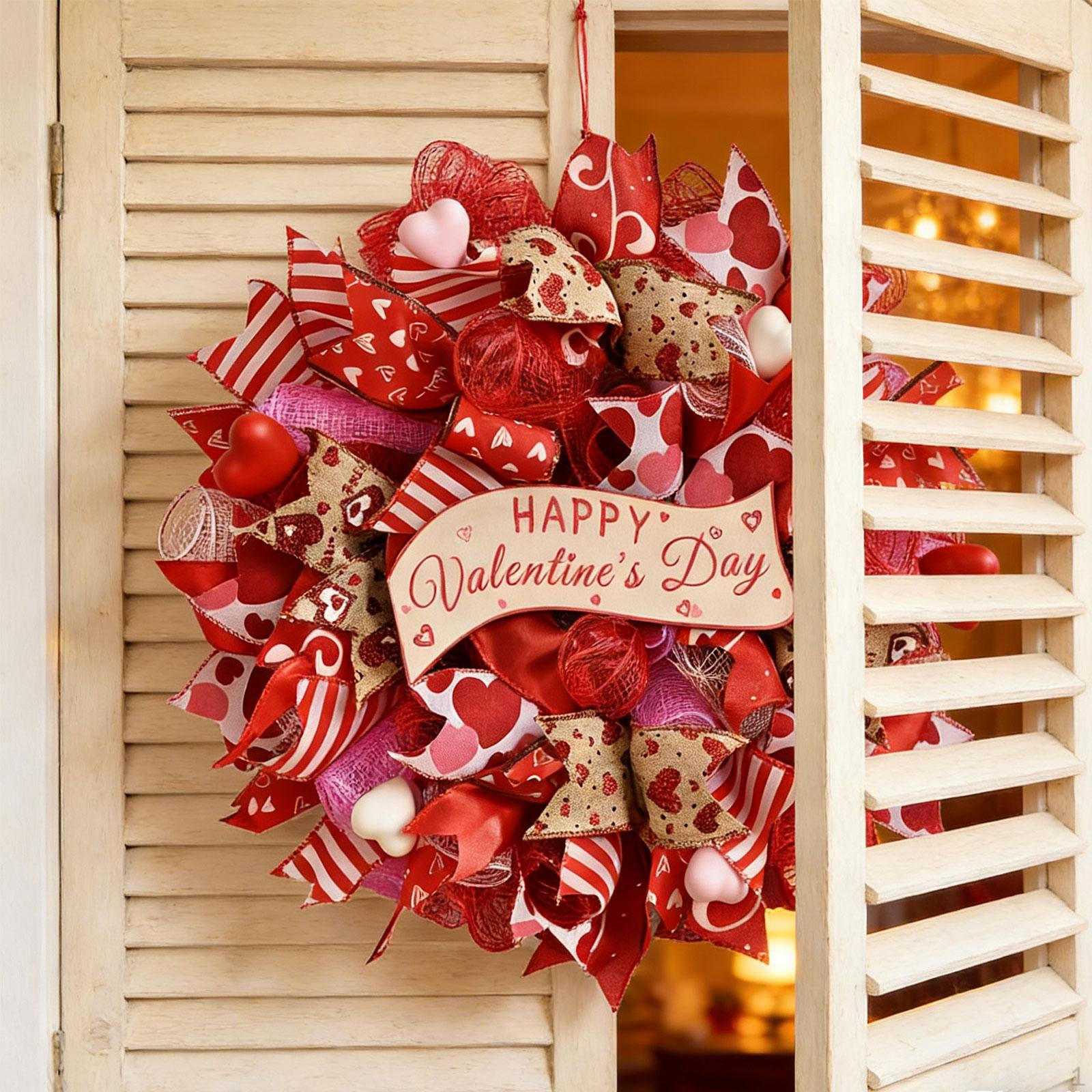 

Valentines Day Mesh Wreath Wreaths 16 inch Ribbon Front Door Decoration for