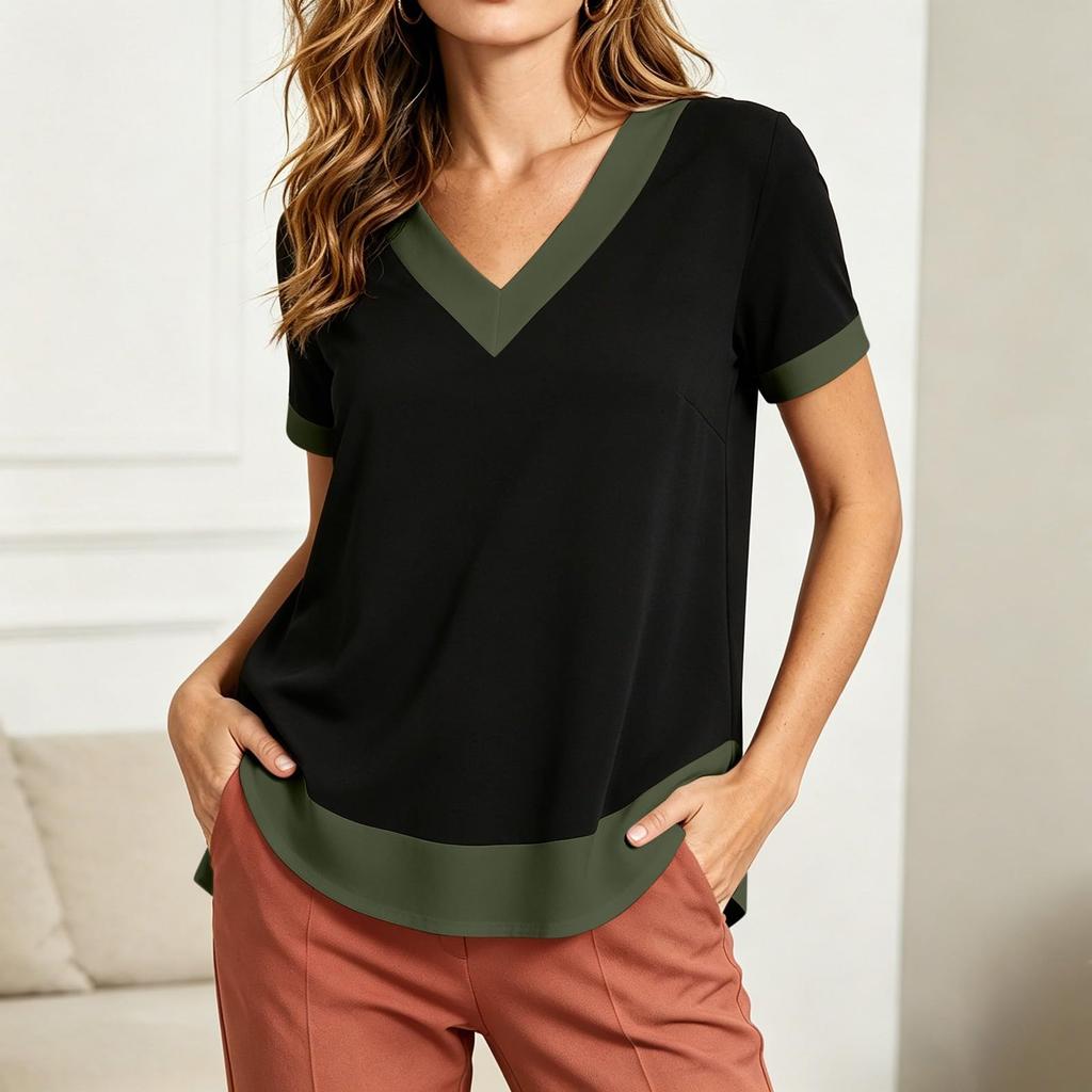 Women's Casual Color Block V Neck Short Sleeve T Shirt Top Lightweight Soft Fabric Relaxed Fit Layered Hem Design