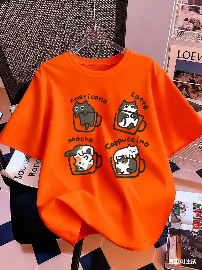 Cat Coffee Art Letter Printing TShirts Womens Summer Cotton Short Sleeve Tops ONeck Soft Loose T Shirt Casual Womans Clothes
