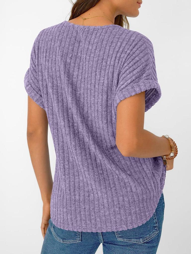 2026 Summer European & American Plus Size Women's V-neck Casual Brushed Solid Color T-shirt