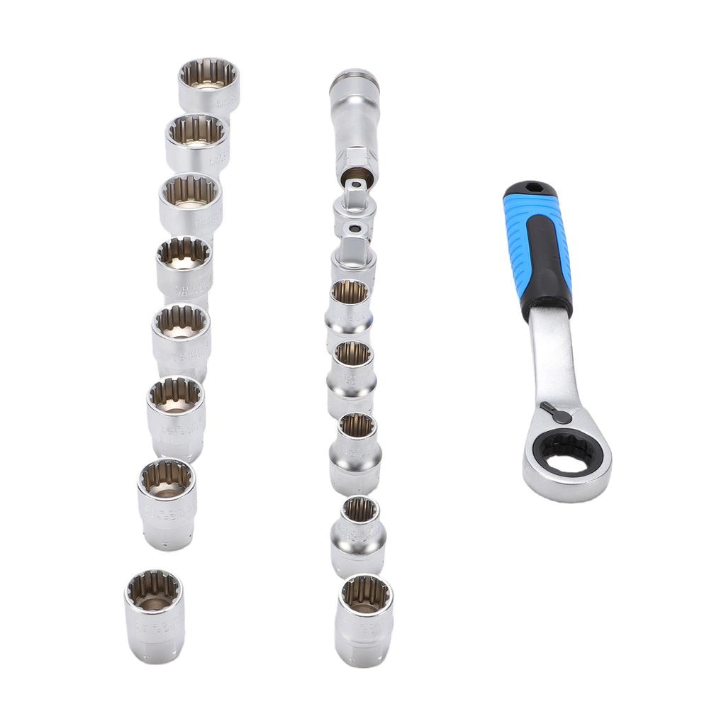 17Pcs Pass Through Socket Set 3 8in 1 2in Drive Metric Sockets with 2 in 1 72 Tooth Ratchet Cr V Steel