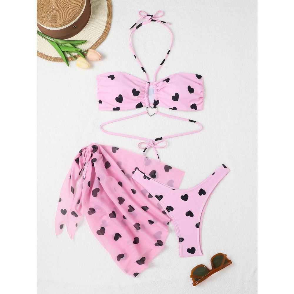 

2024 Европейский и Американский Новый Горошек Трехсекционный Бикини Сексуальный Сетчатый Горошек Купальник Бикини XL розовый