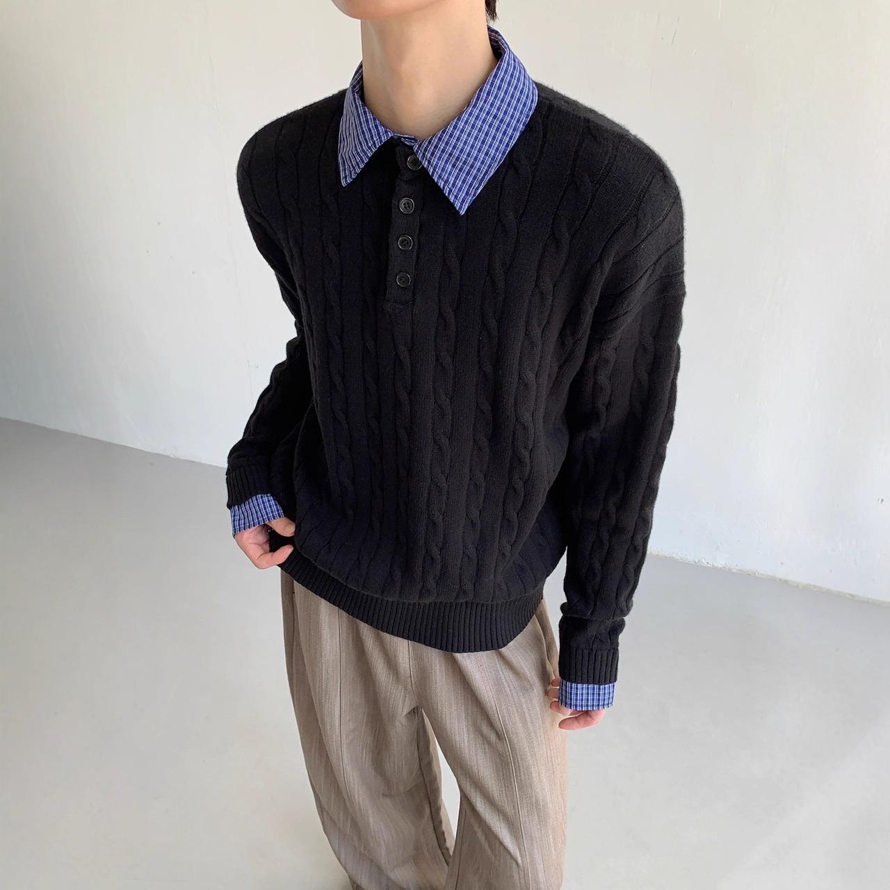 Men s Retro V-Neck Cable Knit Sweater - Faux Two-Piece, Old Money Style for Autumn/Winter XL чёрный