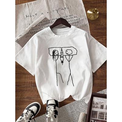 European Size Ladies' Fun Simple Stroke Style Short Sleeved T-shirt Breathable and Skin Friendly,Daily Casual Top with Letter Pattern, Summer