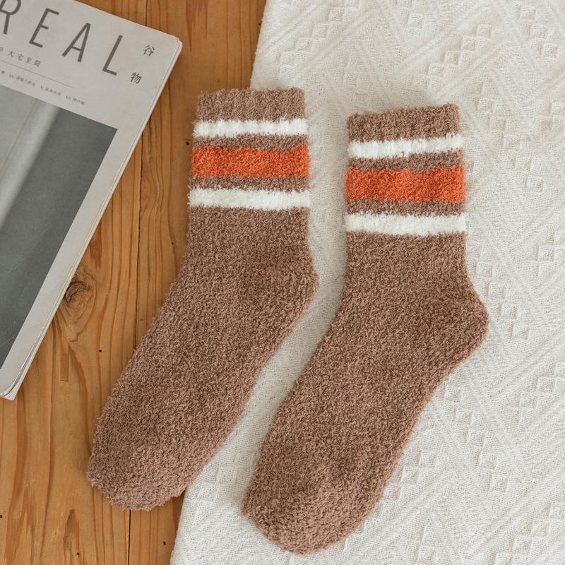 5/10 Pairs Striped Coral Fleece Socks for Men Winter Thickened Warm Mid Calf Socks Home Floor Socks Comfortable