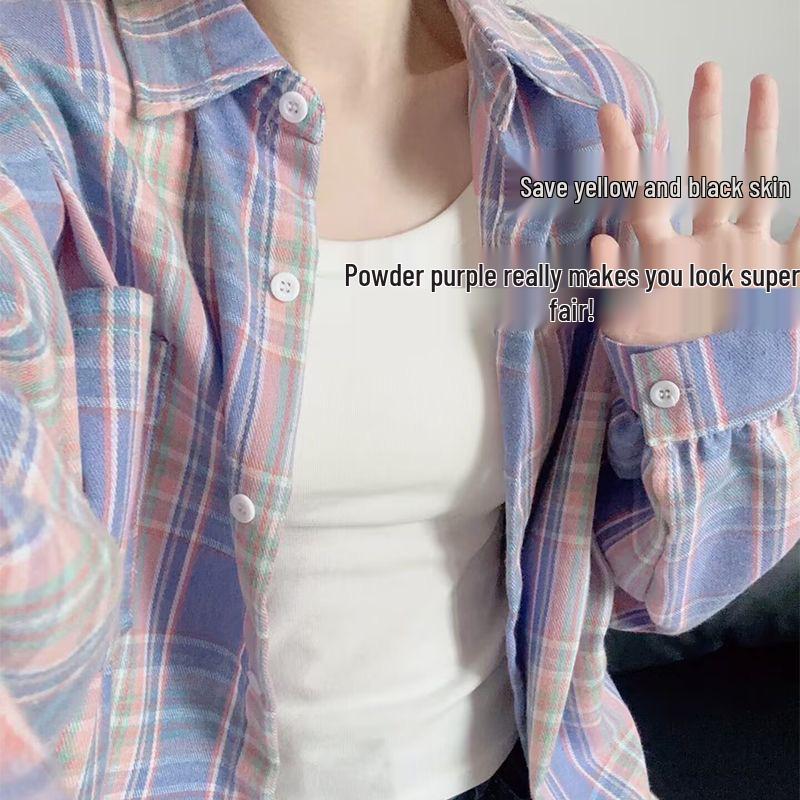 

Женская рубашка в клетку в стиле ретро: Весна и Осень Свободный Крой, Универсальный Повседневный Топ в Стиле Колледжа 2XL 62.5-67.5 kg