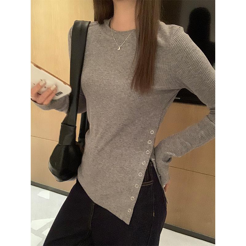 Korean Gray Round Neck Long-sleeved T-shirt for Women In Autumn and Winter New Button Slit Design Bottoming Shirt with Top