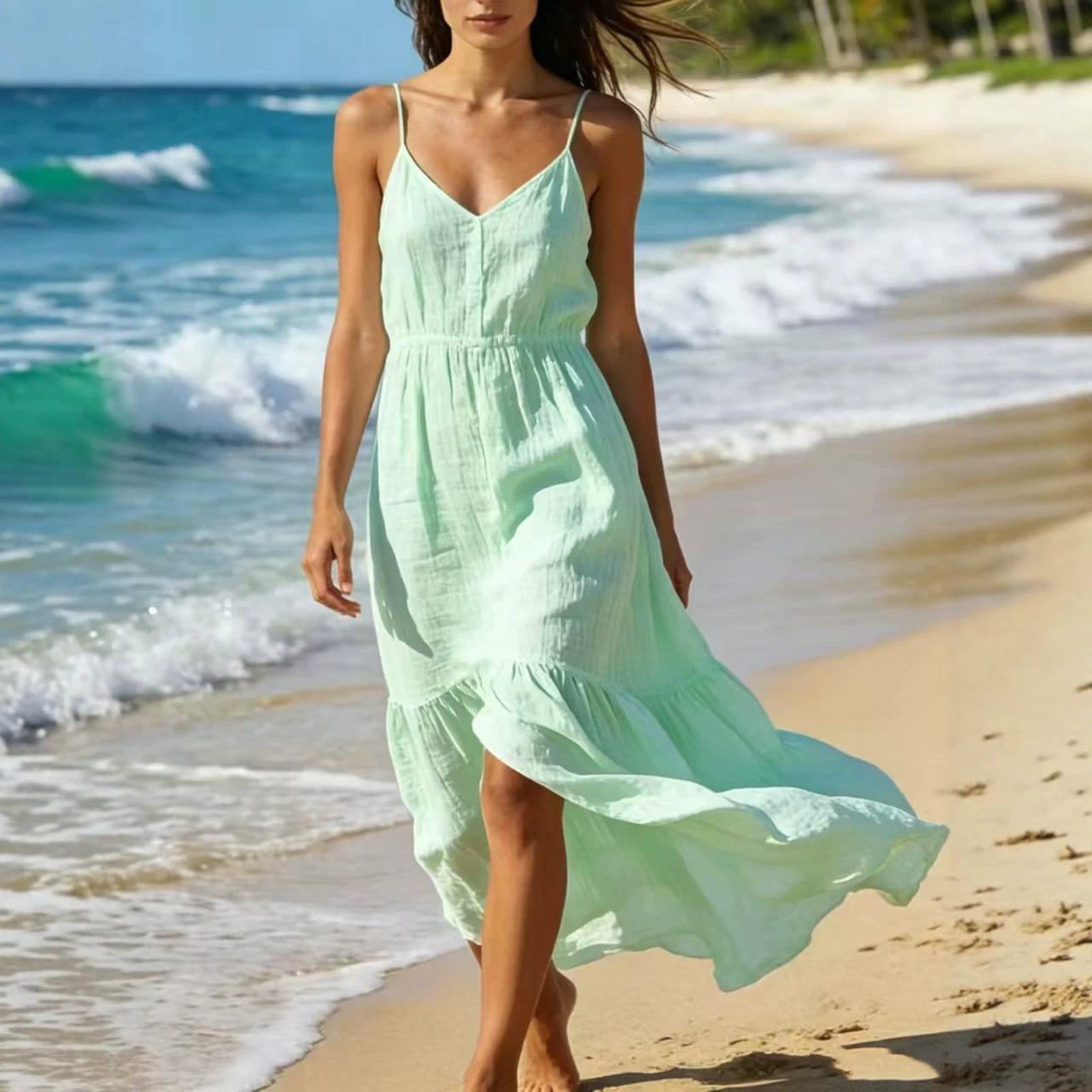 Women’s Summer V Neck Long Spaghetti Strap Dress Lightweight Sleeveless Flowy Beach Holiday Maxi Dress for Casual Wear L