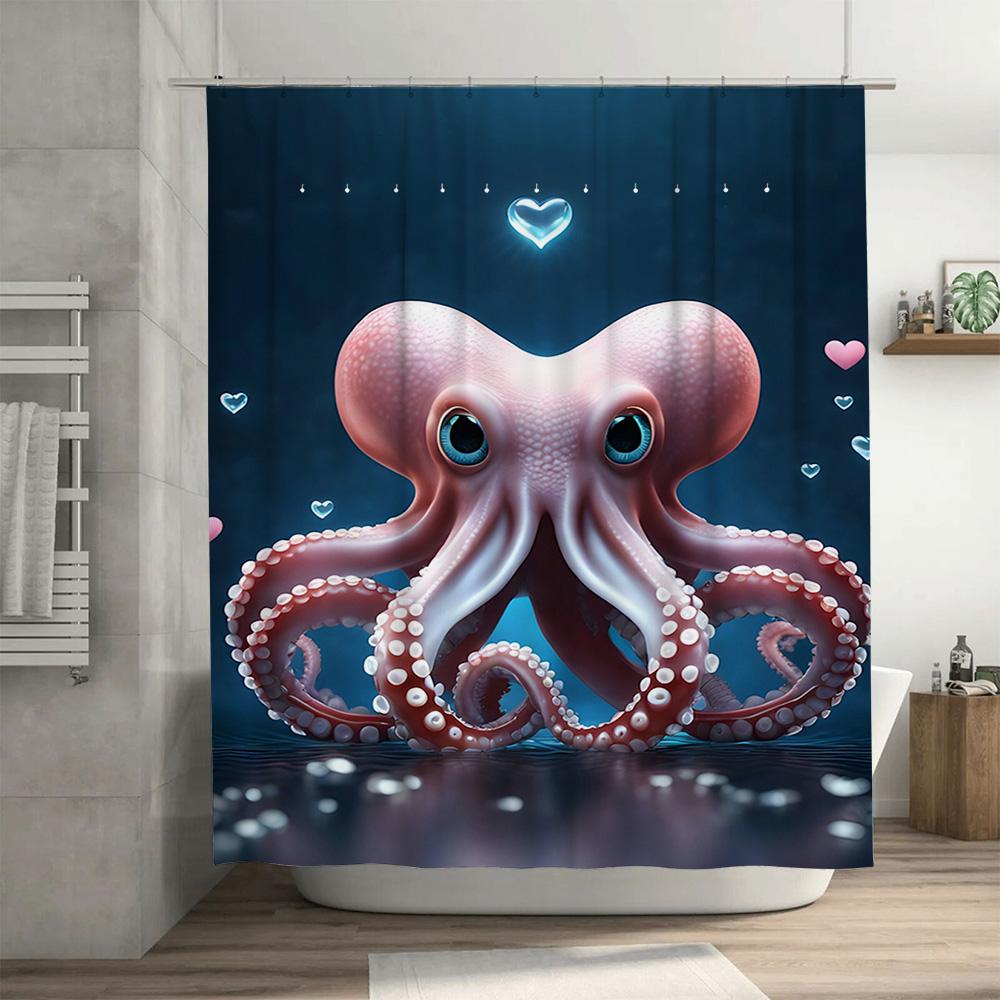 Stylish Octopus Shower Curtain with Heart Print for Bathroom Decor Blue, Pink, White Black Waterproof Fabric with Hooks Set