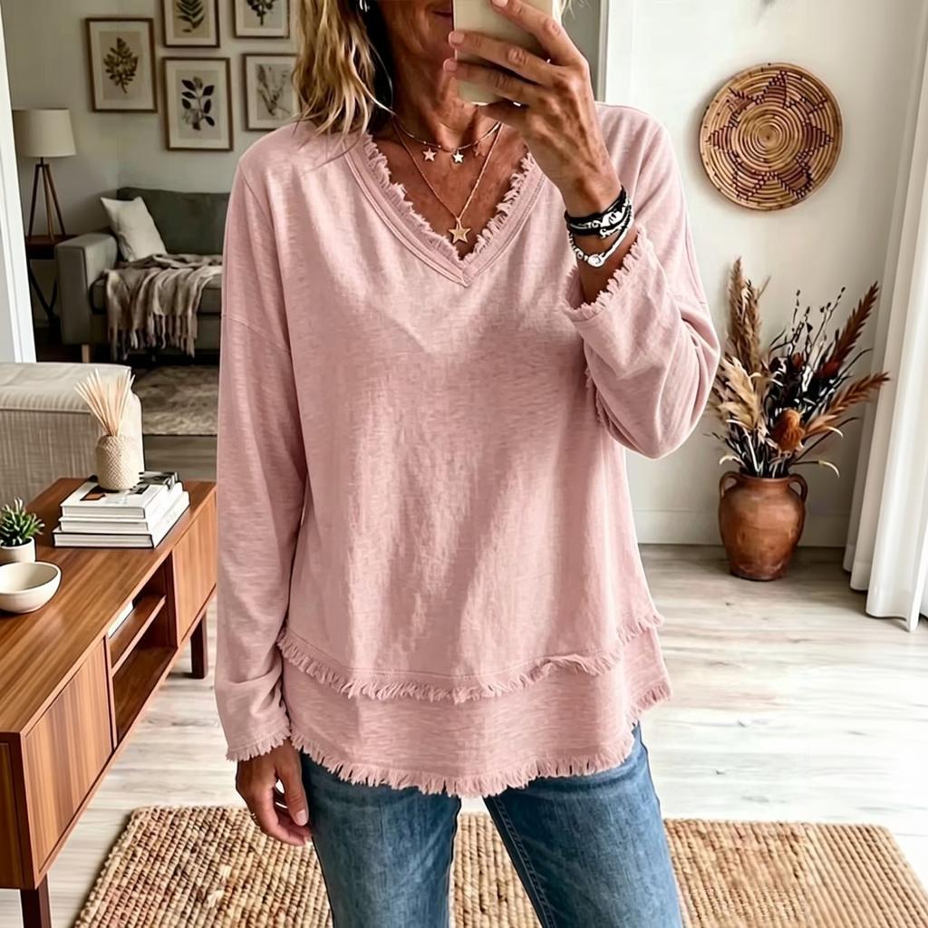 Women's Casual V-Neck Long Sleeve Cotton Linen Top Color
