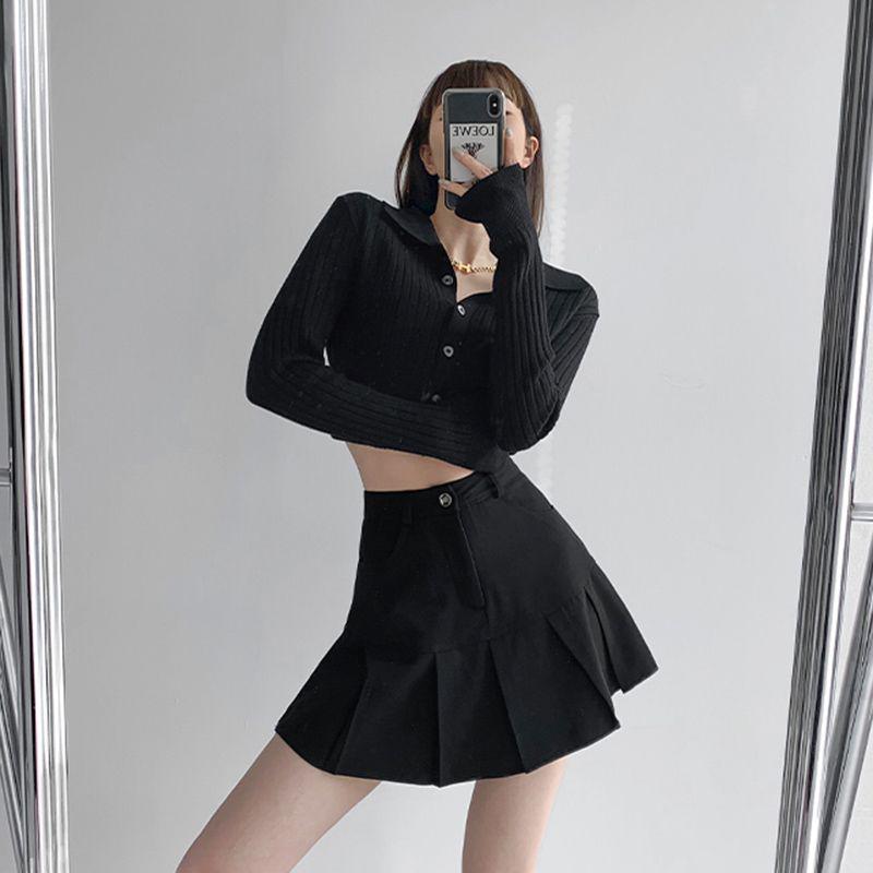 

Women s 2024 High-Waist Pleated A-Line Fishtail Midi Skirt - Slimming & Petite, Black, Summer French Style 3XL